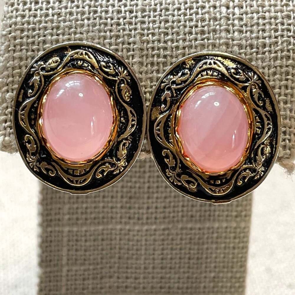 1960s Ornate Clip-On Earrings – Rosy Cabochon Charm